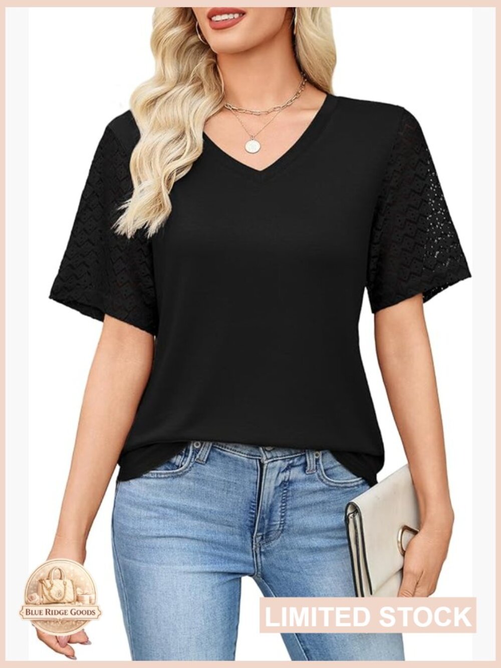 V-Neck Lace Short Sleeve Tunic Blouse Summer Casual Breathable Cotton Top